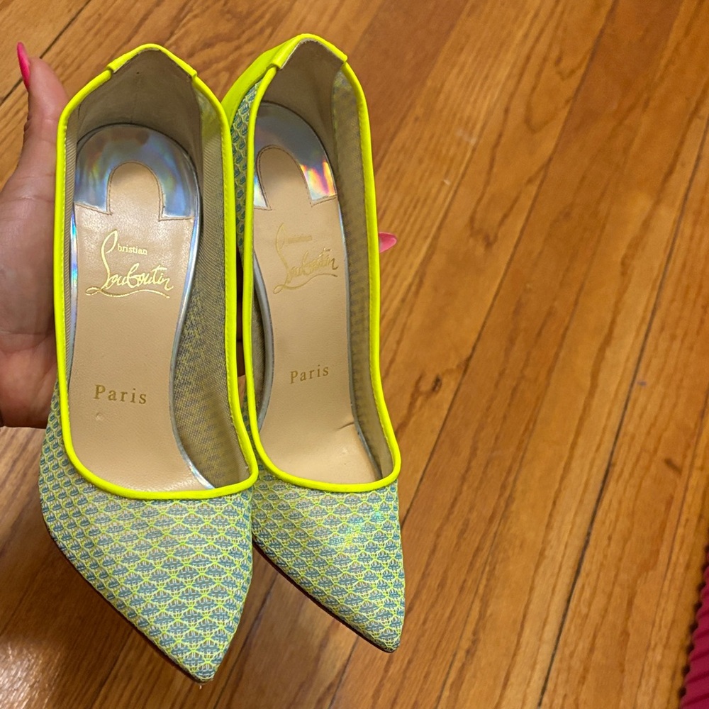 Christian Louboutin Neon Yellow Trim Patterned Pointed Pumps